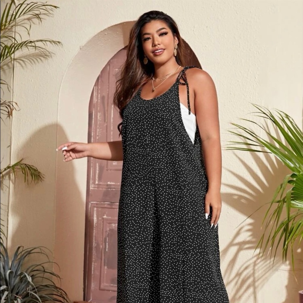 Black/white polka dot knot shoulder cami jumpsuit